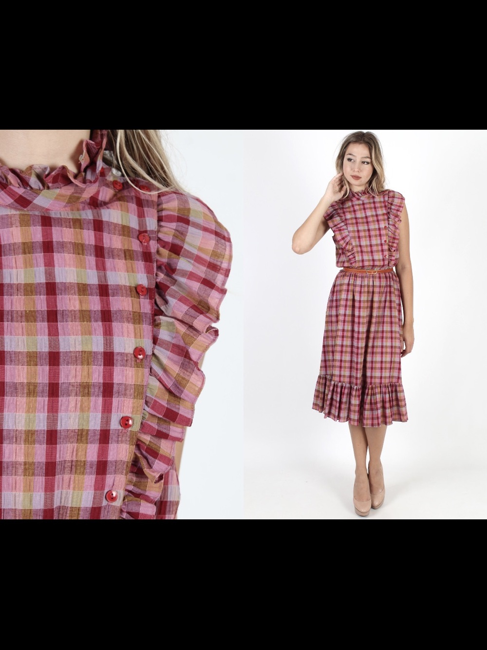 Vintage Pink Plaid Ruffle-Trim Midi Dress